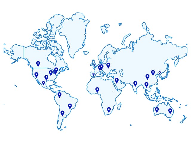 Worldwide Reach: a map with location pins in the OceanTechJobs brand colors.